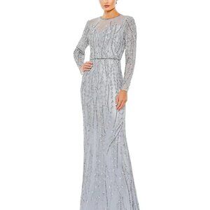 Mac Duggal Women's Embellished Illusion High Neck Long Sleeve Gown (Platinum)